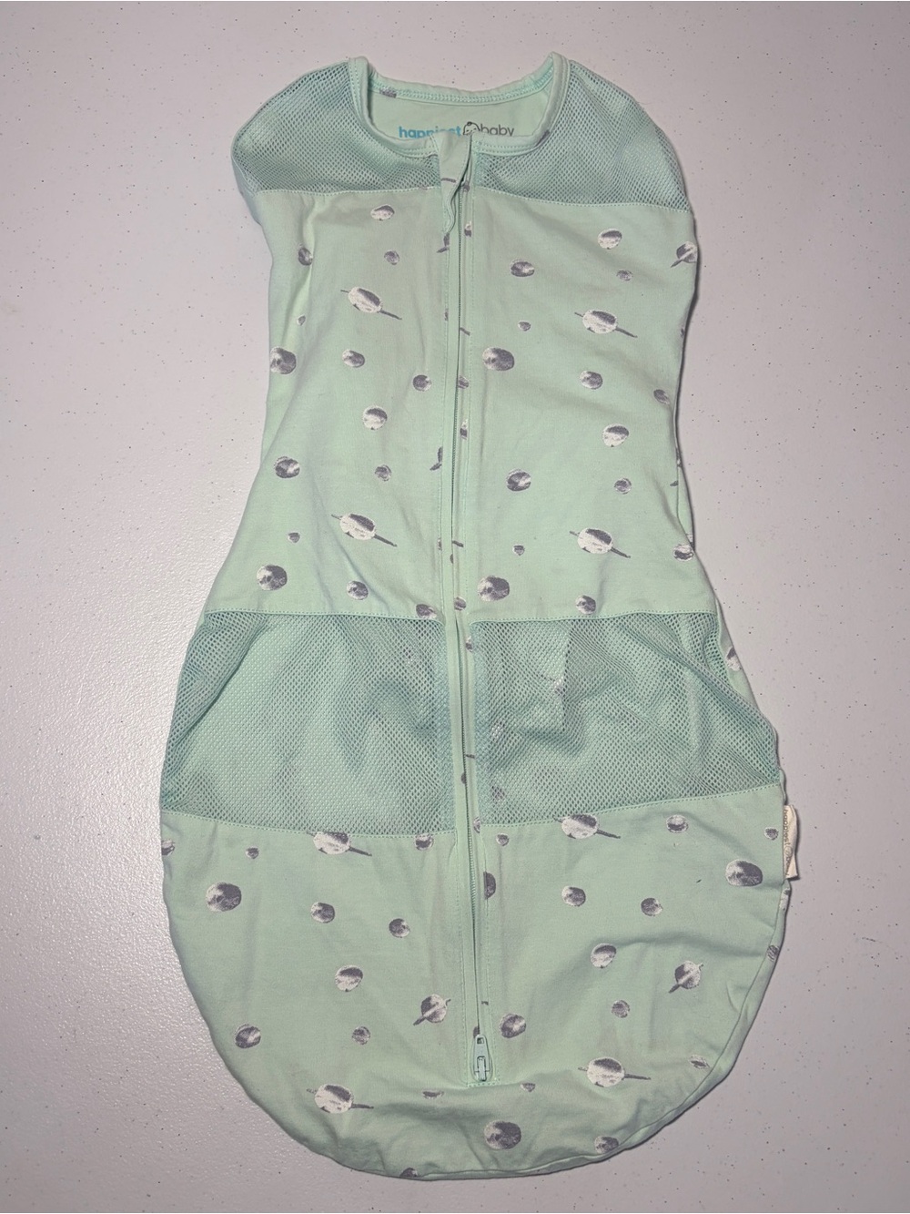 Happiest Baby Cotton Swaddle Sleep Sack Size M 12-18lbs Green/Gray Planets Theme
